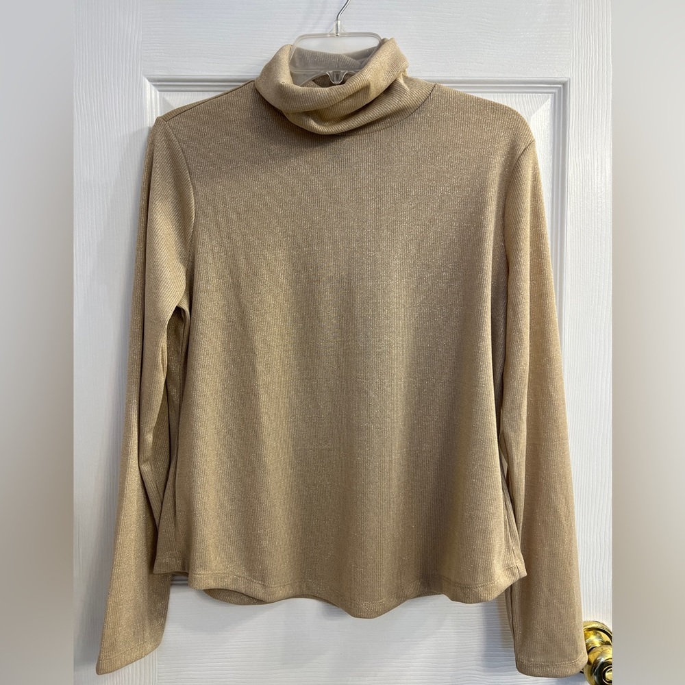 NWT Ribbed Metallic Turtleneck champagne Large Petite with sparkly threads